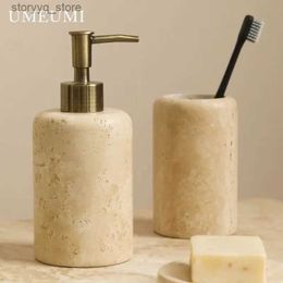 Toothbrush Holders Light Luxury Yellow Hole Travertine Toothbrush Holder Toothpaste Storage Natural Marble Home Decoration Bathroom mouthwash Q231202