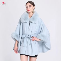 Women Blends Fashion Lapel Faux Fur Coat Cloak Dolman Sleeves Waistband Loose Overcoat Winter Women Cape Outerwear 231201