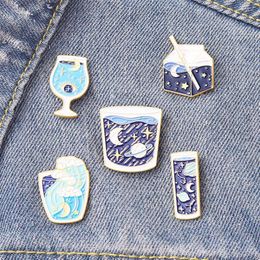 Female Stellar Map Glass Milk Cup Model Brooches Planet Moon Wave Alloy Enamel Lapel Pins European Women Backpack Clothes Badge Br235l