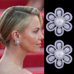 Stud GODKI 21mm Flower Imitation Pearl Full Micro Cubic Zirconia Pave Women Bridal Engagement Earring Jewellery Addiction326E