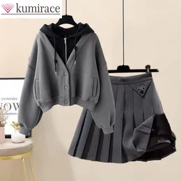 Work Dresses 2023 Autumn Plush And Thick Patchwork Hoodie Jacket Pleated Mini Skirt Two-piece Elegant Women's Set Outfits