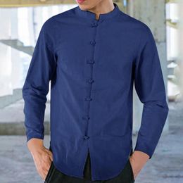 Men's Casual Shirts Chinese Knot Button Mens Solid Colour Pullovers Oversize Long Sleeve Breathable Dress Shirt Male High Neck Man Camisas