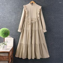 Casual Dresses Autumn And Winter Women Japanese Lace Stand Collar Cotton Linen Solid Colour Loose Dress