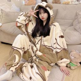 Women's Sleepwear Winter Thicken Pajamas Sets For Women Cartoon Bear Soft Warm Korean Homewear Hooded Coral Fleece Night Wears Female