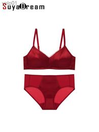 Bras Sets SuyaDream Woman Silk Bra Set 93%Silk 7%Spandex Thin Mould Cup Wire Underwears 2023 Comfortable Intimates RedL231202