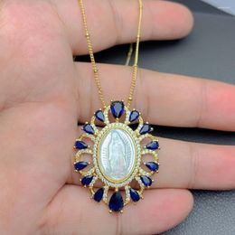 Pendant Necklaces Blue Crystal Zircon Natural Sea Shell Medal Necklace Religious Sacred Guadalupe Jewellery For Women Gifts