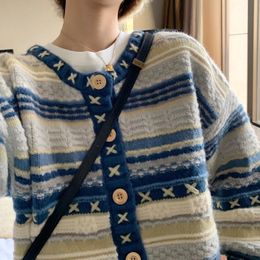 Women's Sweaters 2023 Autumn Vintage Cardigan Sweater Blue Long Sleeve Coat V neck Casual Knitted Jumper s Korean Style Clothes 231201