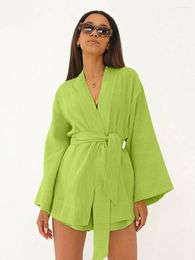 Women's Sleepwear Marthaqiqi Cotton Female Set Long Sleeve Nightwear V-Neck Pyjama Lace Up Nightgown Shorts Loose Home Clothes For Women