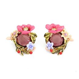 Stud Winter Garden Series Pink Enamel Peony Flower Crystal Winding Branches 925 Silver Needle Earrings Niche Design3327