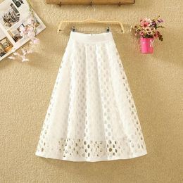 Skirts 2023 Summer Circle Hollowed-Out Lace Mid-Length Skirt Women's High Waist Fashion All-Match Slim A-Line Korean Clothes