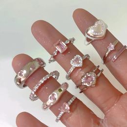 Cluster Rings Sweet Pink Zircon Love Metal Split Ring Female Korea Niche Personality Simple All-match Temperament Women Girls Party Gifts