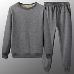 Men's Thermal Underwear Casual Two-piece Suit Cozy Winter Plush Pajama Set Thick Elastic Waist Drawstring Homewear With Ankle-banded