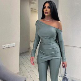 Women's Two Piece Pants Skew Collar Off The Shoulder Grey Women Outfits Sexy Ruched Irregular Top Pencil Skinny Clubwear Party Sets