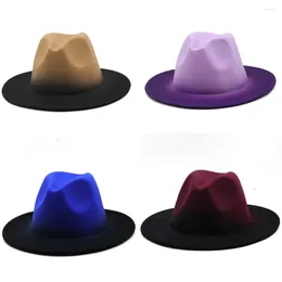 Berets Gradient Colour Fedoras Hats For Men Women Felt Wide Brim Bucket Cap Gentleman Swanowing Woollen Cowboy Hat Jazz Caps Outdoor