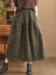 Skirts Retro Women Skirt Plaid 2023 Winter Autumn A Line Elastic Waist Pockets Casual Lady Female YoYiKamomo