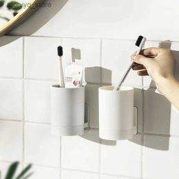 Toothbrush Holders Bathroom Good Storage Brushing Cup Storage Rack Punch-free Wall Hanging Bathroom Mouthwash Cup Set Toothbrush Holder Q231202