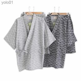 Men's Sleepwear Japanese Simple 100% Gauze cotton shorts kimono pajamas sets men Fashion Wave short sles shorts bathrobes sleepwearL231202