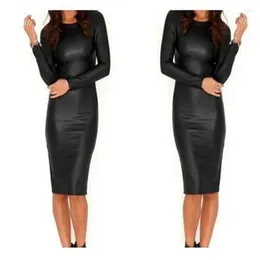 Casual Dresses S-4XL Black Faux Leather Dress Women O-neck Vestido Long Sleeve Mini Lady Fashion Party Bodycon Clubwear