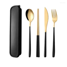 Dinnerware Sets 4Pcs/set Portable Cutlery Kit 304 Stainless Steel Gold Picnic Set Knife Fork TravelTableware Chopsticks With Gift Box