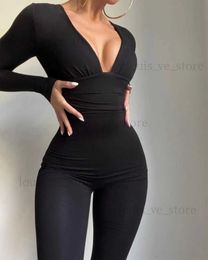 Women's Jumpsuits Rompers Lace Jumpsuit Women Spring Summer Overalls Elegant Long Skinny Bodysuit Black V-neck Mesh Elegant Tube Sexy Party Night Evening T231202