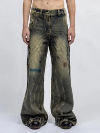 Men's Jeans No Fath Heavy Craftsmanship Washed Faded Distressed Micro Flare Loose Straight Wave Denim Unisex Pants