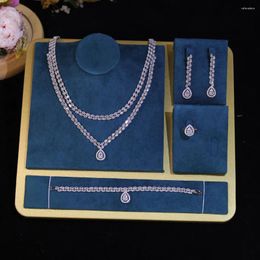 Necklace Earrings Set Luxury 4Pcs 2 Layers Cubic Zirconia Bridal Wedding Party Costume Nigerian Dubai Jewelry For Brides Accessories