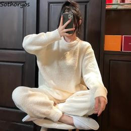 Women's Sleepwear Pyjama Set Round Neck Coral Fleece Slouchy Cosy Lounge Wear Solid Bundle Feet Gentle Youth Kawaii Thick Pyjamas 231201