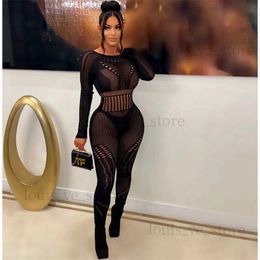 Women's Jumpsuits Rompers 2023 Spring Sexy Jacquard Mesh Jumpsuit Women Solid Hollow Out Long Sleeve Backless Skinny Overalls Night Clubwear Rompers T231202