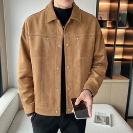 Men's Jackets Autumn Product Solid Suede Fashion Casual Trend British Style Long Sleeve Polo Neck Top Slim Fit Coat M-3XL