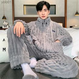 Men's Sleepwear Coral Fleece Men Winter Warm Pyjamas Sets Stand Collar Fluffy Coat + Long Pants Sleepwear for Sleeping Men's 2 Pieces LoungwearL231202