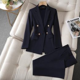 Women's Two Piece Pants Blue Suit For Women 2023 Fashion Office Ladies Long Sleeve Turn Down Collar Blazers Vintage Straight Suits 2 Set