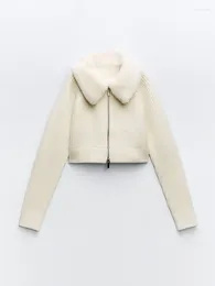 Women's Jackets Spring Warmer Faux Fur Lapel Collar Knit Cardigan Jacket Long Sleeve Zipper White Sweater Coat Female