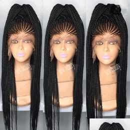 Synthetic Wigs High Quality Black Colour Lace Frontal Cornrow Braids Wig Micro Box Africa American Women Style Drop Delivery Hair Produ Dhtqn