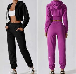 LL Womens Yoga Outfit Winter Hooded Tops Trousers One Set Long Sleeve Jackets Pant Excerise Sport Gym Running Jacket Elastic Sportwear Hoodies Suits RONU 322