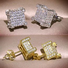 High Quality Yellow White Gold Plated Full Sparkling CZ Square Earrings Studs For Men Women Nice Gift322L