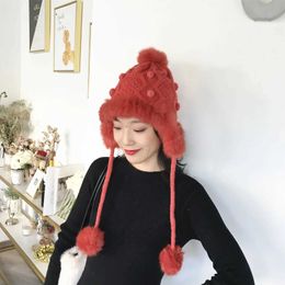 Winter Beanies for Women Rabbit Fur Knitwear Crochet Skullies Warm Ski Hat Snowwear Earmuffs Kawaii Fluffy Caps 230920