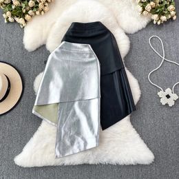 Two Piece Dres Chic Solid PU Asymmetric Split Short Skirt High Waist Elegant Korean Fashion Wrap Sweet Summer Clothing 231202