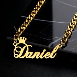 Pendant Necklaces Custom Stainless Steel 5mm Cuban Chain Name for Men Women Personalised Customised Gold Crown Letter Necklace Jewellery 231201