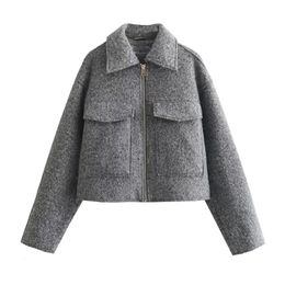 Women's Fur Faux UNIZERA2023 Autumn and Winter Polo Collar Long Sleeve Patch Pocket Decoration Short Zipper Jacket Woollen Coat 231201