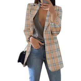 Women's Suits Blazers Vintage Women Plaid Print Mid-Length Coat Sprint Autumn Lapel Long Sleeve Slim Blazers Elegant Office Lady Open Stitch Cardigan 231202