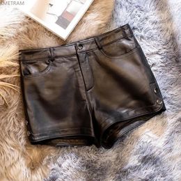 Women's Shorts Genuine Sheepskin Leather For Women High Waist Clothing Short Pants Korean Fashion Black