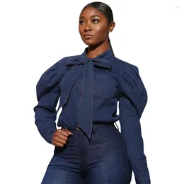 Women's Blouses Casual Bandage Bowknot Jeans Denim Shirts And Camisas Y Blusas Women Tops Full Sleeve Loose Female Clothing Streetwear