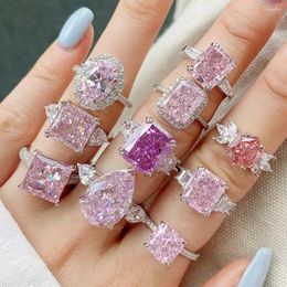 Cluster Rings Sparkling S925 Silver Women Romantic Pink Crystal Zircon Finger Accessories High Quality Cocktail Prom Fine Jewellery