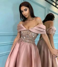 Party Dresses Pink Off-Shoulder Sequins Sexy Evening Length Satin Prom Gowns Saudi Arabia Formal Brithday Homecoming