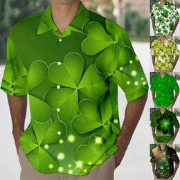 Men's Casual Shirts Mens St Day Shirt Festive Gold Four Leaf Print Green Lapel Short Sleeved Stage Clothes Musicians