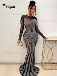 Urban Sexy Dresses Women Sexy Mesh See Through Rhinestone Maxi Dress Female Full Sleeve Night Clubwear 2023 New Fashion Floor-length Dresses T231202