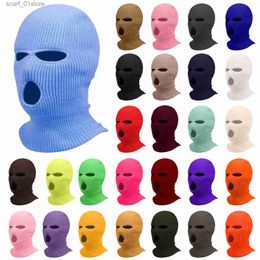 Beanie/Skull Caps Winter men's face mask warm hood sports scarf skiing hat three hole wool hat outdoor cycling knitted pulr hatL231202