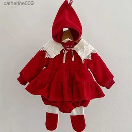 Clothing Sets 3 Pcs Baby Romper +Cap +Scarf Set Winter Girls Thicken Warm Fleece Lining Bodysuit Lace Princess Xmas Tutu Skirt Infant ClothesL231202