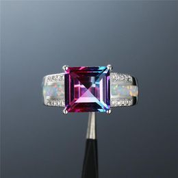 Vintage Female Rainbow Crystal Stone Ring Charm White Opal Wedding Rings For Women Cute Silver Colour Square Engagement Ring286u