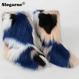 Women's Winter Colourful Snow Boots Outdoor Luxury Furry Faux Fox Fur Boots Female Plush Warm Bottes Woman Fashion Fur Shoes
